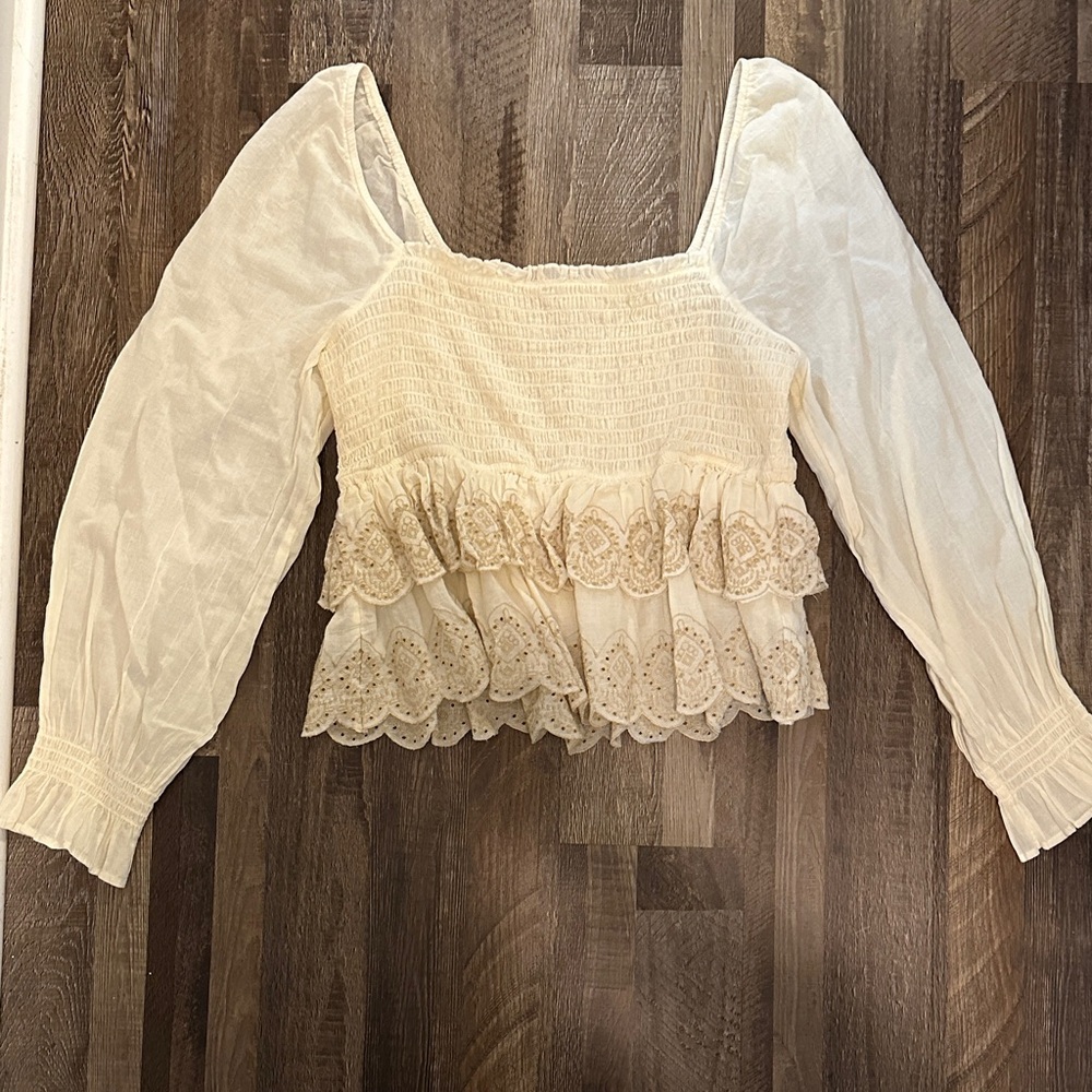 American Eagle Outfitters Cream Lace Peplum Blouse